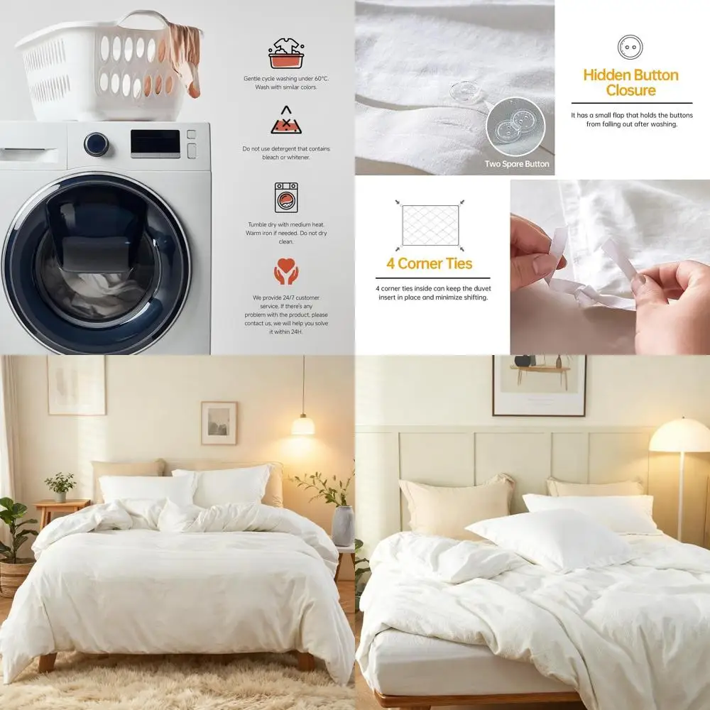 

Queen Size French Linen Duvet Cover Set - 88x92, 3-Piece, Natural Blend, Breathable, Off-White
