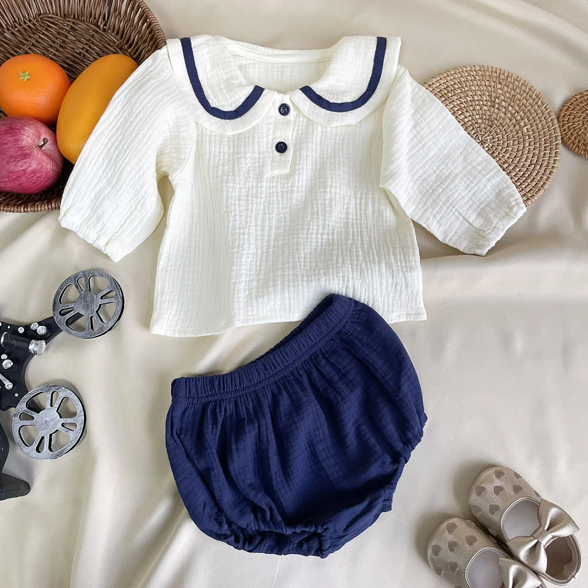 Newborn Baby Girls Boys Autumn Full Sleeve Navy Collar Top Tees Solid Bread Bottoms Infant Kids Pure Cotton Clothing Set 2pcs