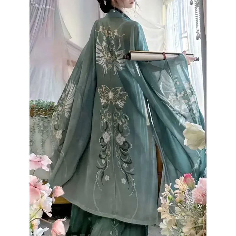 Hanfu chino tradicional Vintage para mujer, disfraz de Halloween, vestido Hanfu verde estampado, conjuntos de 3 uds de talla grande XL