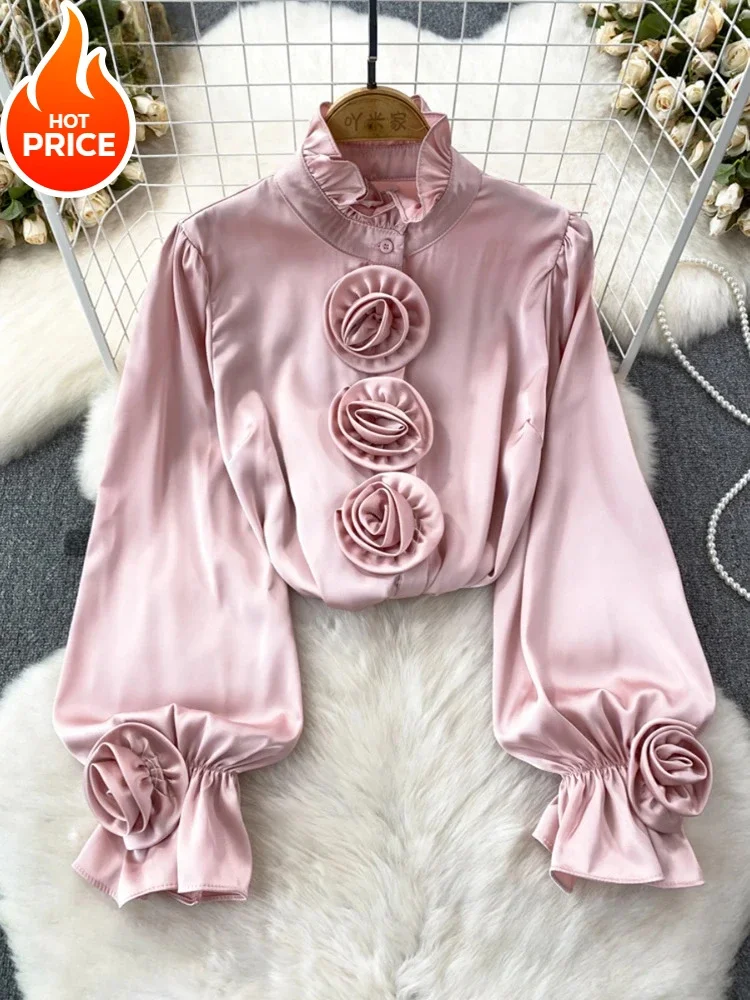 25 Light luxury celebrity style shirt women's design sense three-dimensional rose slim-fit age-reducing bubble sleeve  shirt top