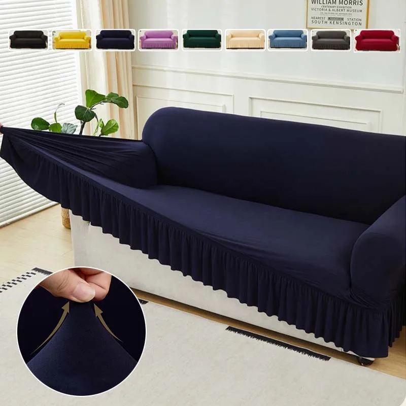 Stretch Milk Silk Sofa Cover with Skirt Non-Slip Couch Protector Elastic Soft Slipcover for Living Room Furniture 1/2/3/4 Seater