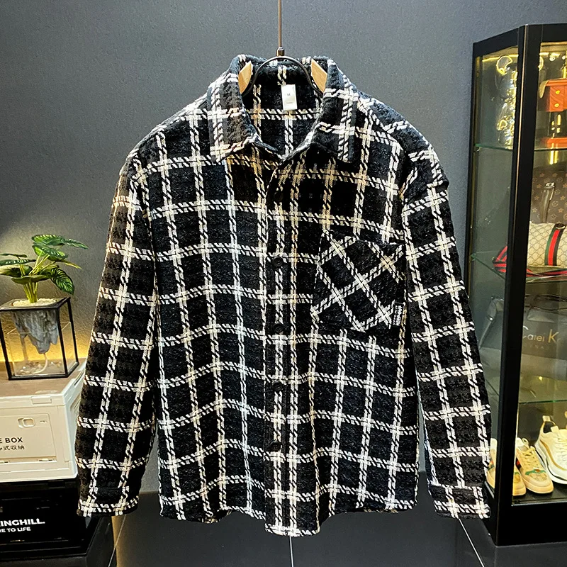 2024 Autumn New Checkered Printed Collar Shirt Coat Men's Trendy American Street Casual Long Sleeve Top