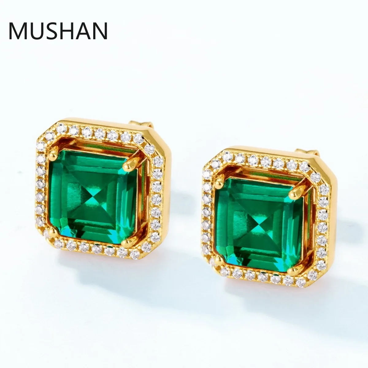 MUSHAN Luxury Jewelry S 925 Sterling Silver Stud Earrings Women GRC Certificated Lab Grown Emerald Earrings Stud Ear Pin Jewelry