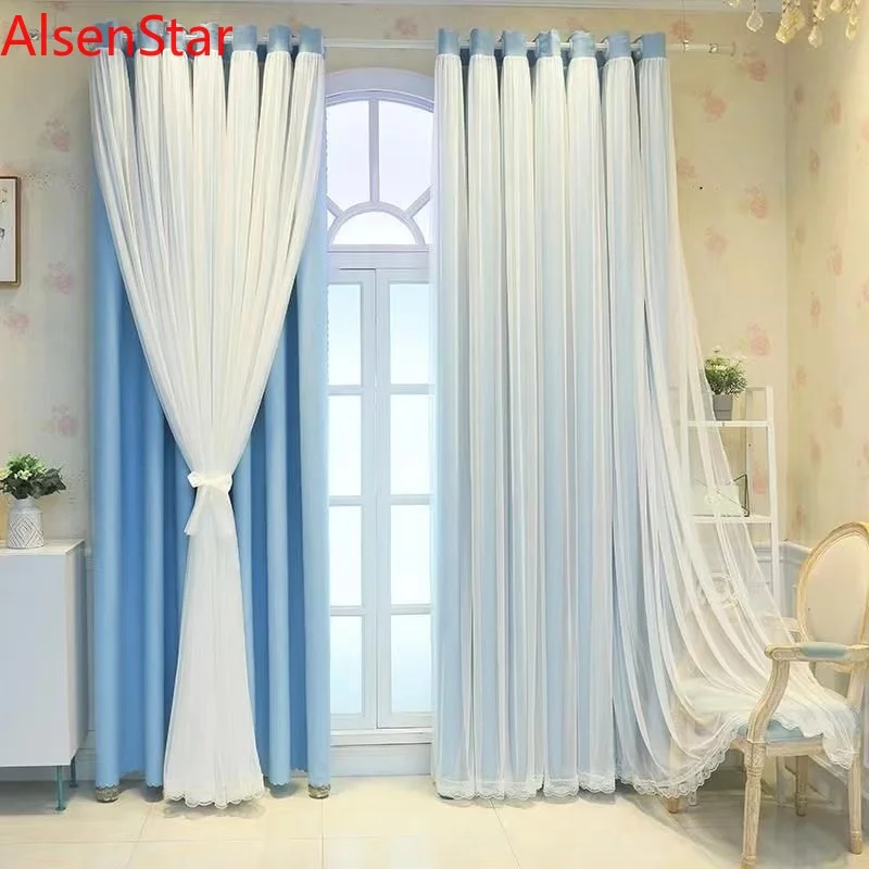 

Double Layer Blackout Curtains Finished Wear Rod Lace Gauze and Cloth Curtains for Balcony Living Room Bedroom