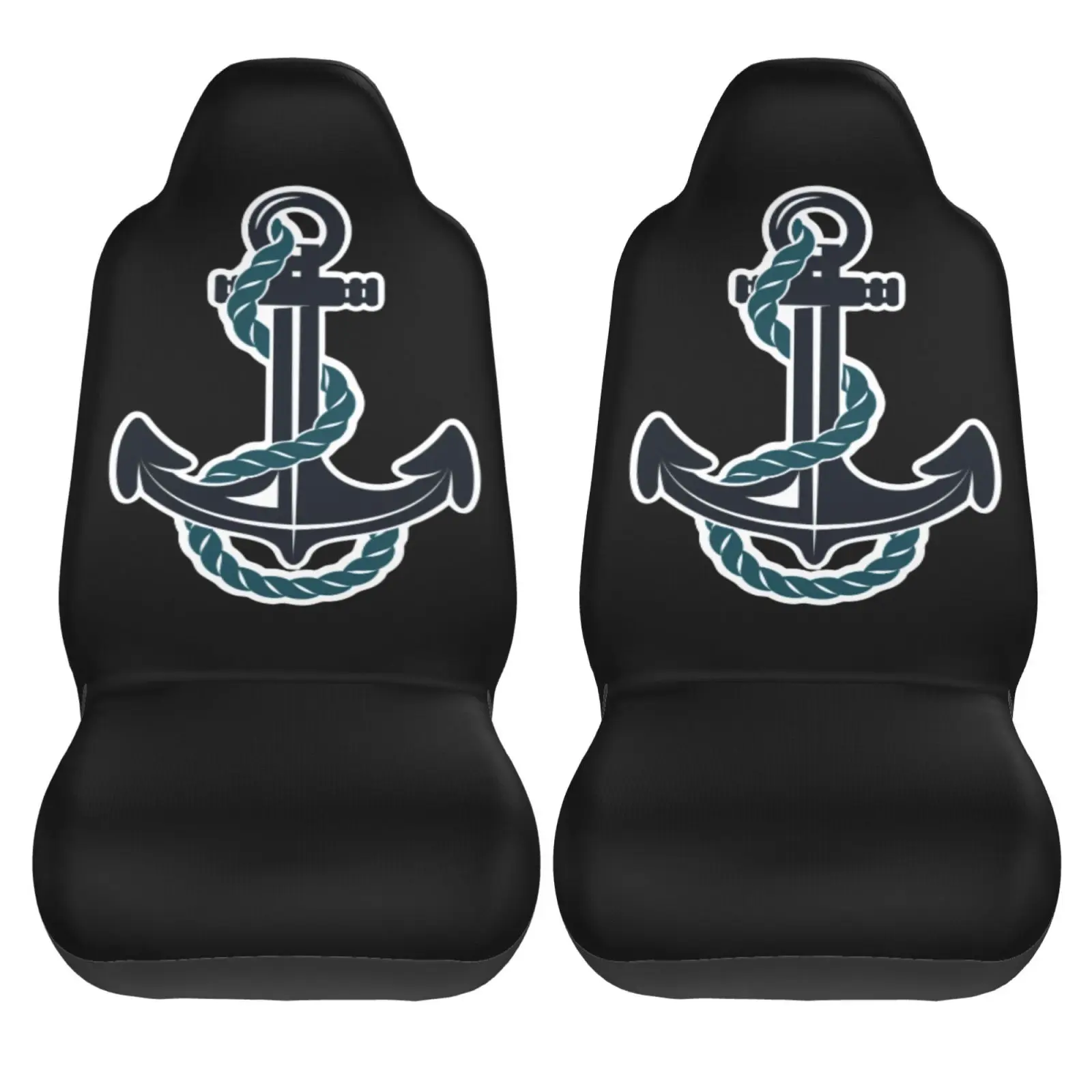White and Black Anchor with Rope Front Seat Cover 2 Pcs Universal Vehicle Seat Protector Mat Covers Fit Most Cars Sedan SUV Van