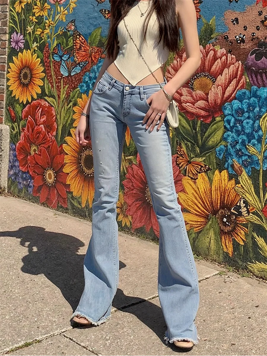 

Женские джинсы, расклешенные синие тонкие потертые джинсовые брюки с высокой талией, женские брюки Y2K, винтажные брюки-клеш, модная уличная одежда, повседневная корейская одежда