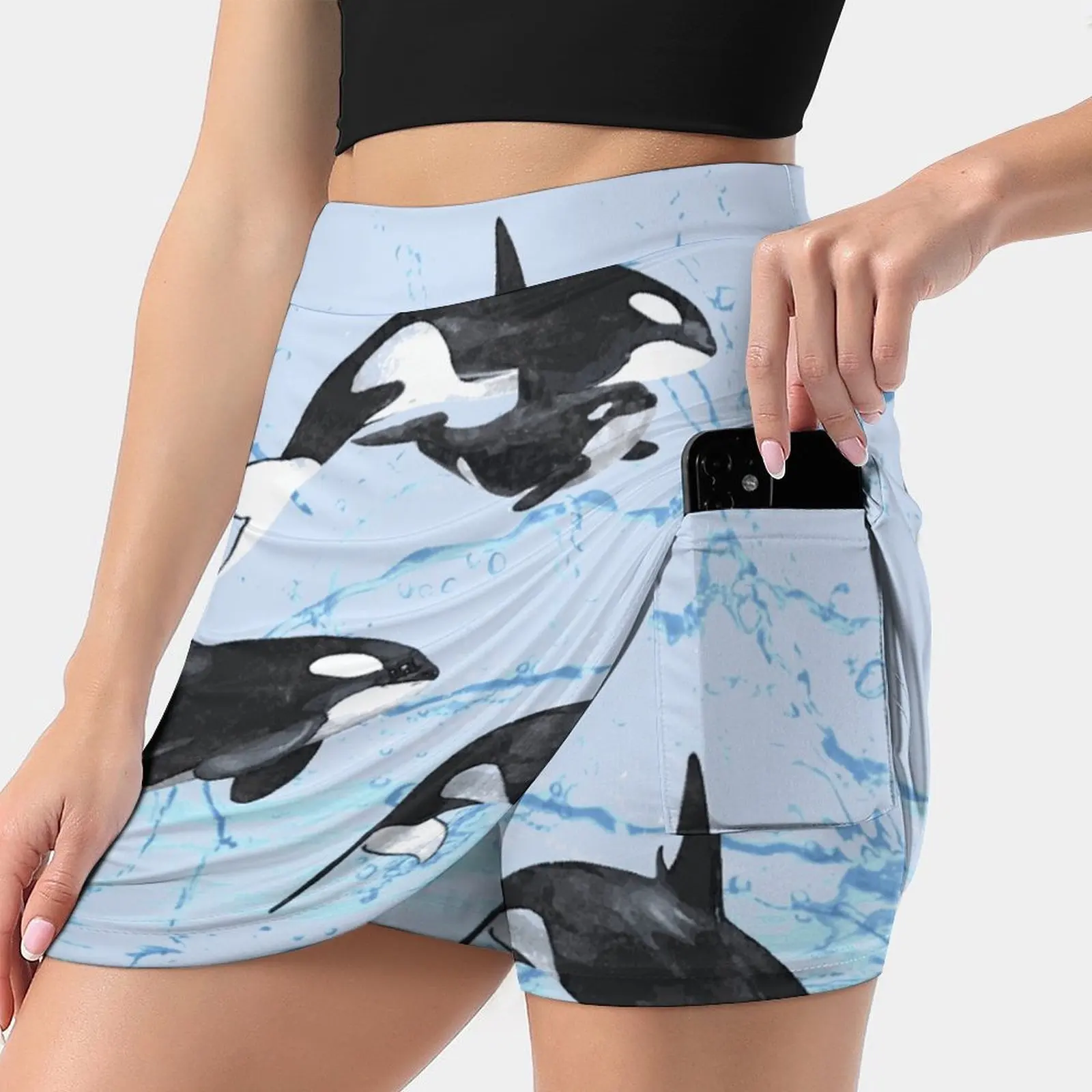 Incredible Black And White Watercolor Orcas Women's skirt Y2K Summer Clothes 2022 Kpop Style Trouser Skirt With Pocket