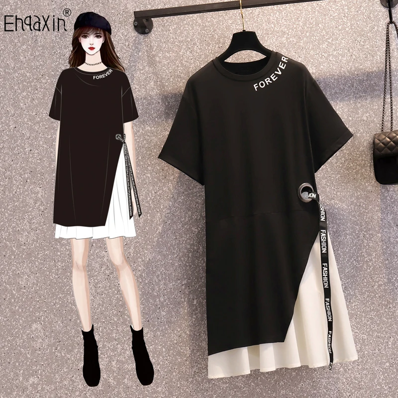 Ehqaxin-女性用半袖Tシャツドレス,レタリングプリントの夏服,パッチワーク,シフォン,ルーズ,カジュアル,2023