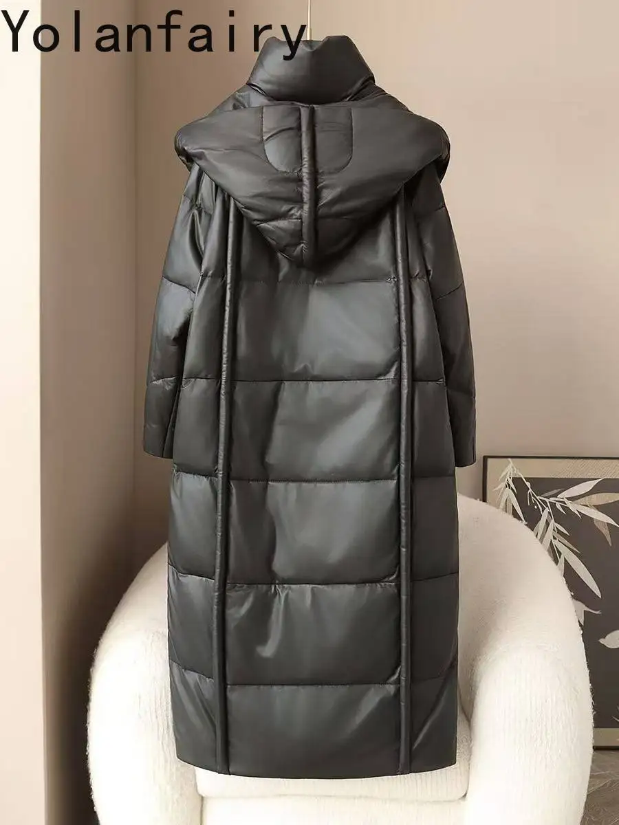 Kurtka damska YOLANFAIRY z prawdziwej skóry, z kapturem, długa, zimowa, z prawdziwej skóry owczej, płaszcz puchowy damski, modne kurtki puchowe z gęsim puchem.