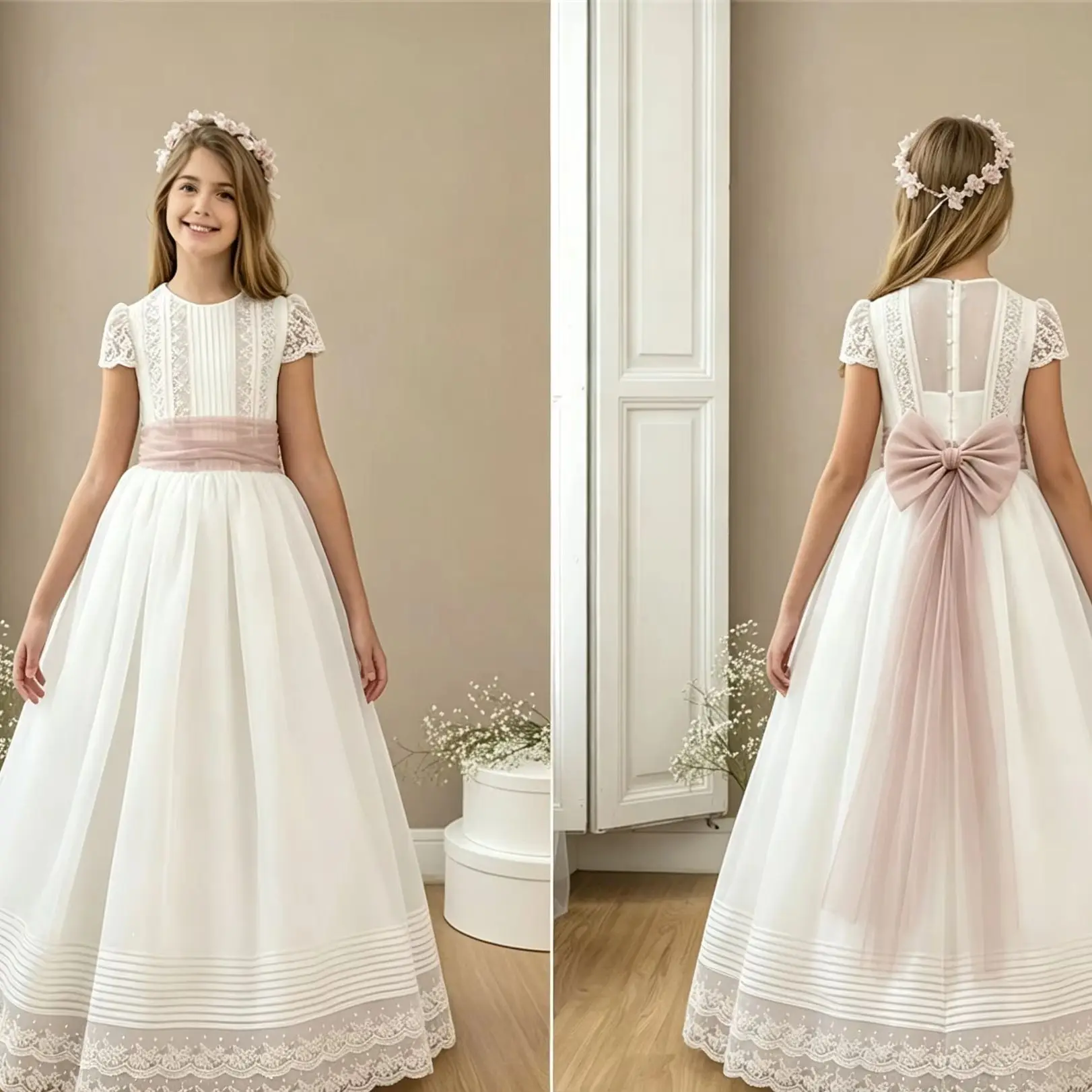 Princess Lace Flower Girl Dresses For Wedding Short Sleeve Floor Lenght Girls Birthday Pageant Dress First Communion Gown Custom