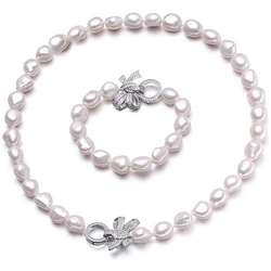 Genuine Pearl Necklace Sets For Women,Natural Freshwater White Pearl Necklace Bracelet Jewelry Sets Wife Mother Gifts