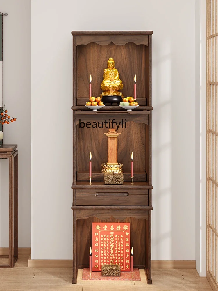 Black Walnut Buddha Cabinet New Chinese Style Clothes Closet Solid Wood Altar Cabinet Three-Layer Household Modern Magic Cabinet