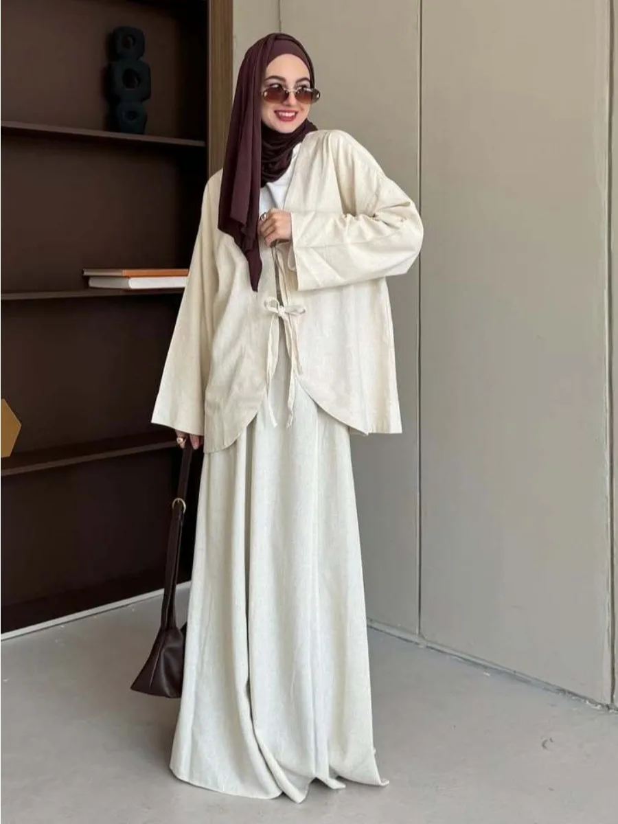 

Muslim Two Piece Set Women Lace-up Shirt Skirt Suits Ramadan Morocco Dubai Long Skirts Islam Outfits Jalabiya Musulman Ensemble