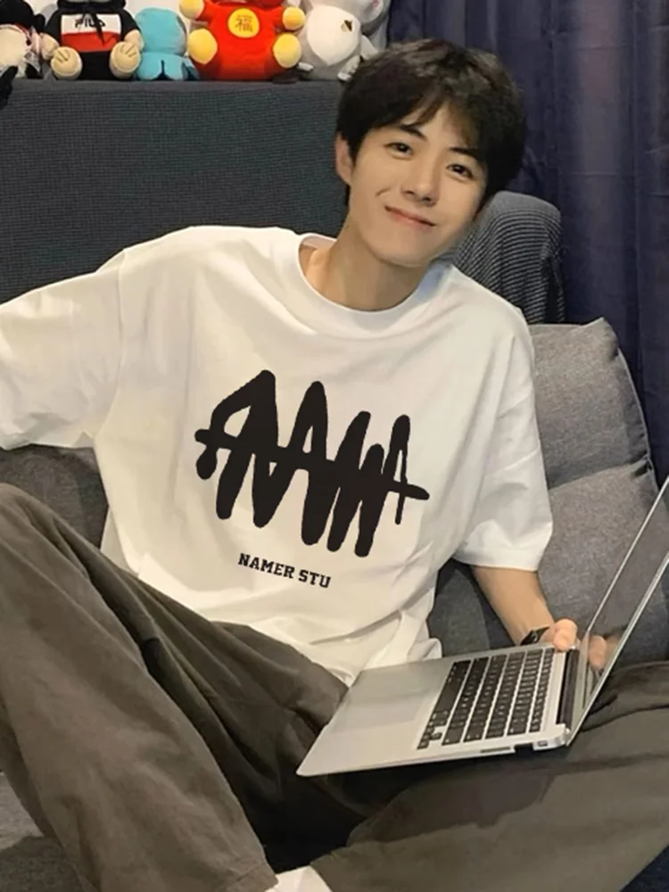 

American Sle Bla Letter T-irt Men's ort Sve f Sve oulder Small Collar Summer White Cotton Heavyweight