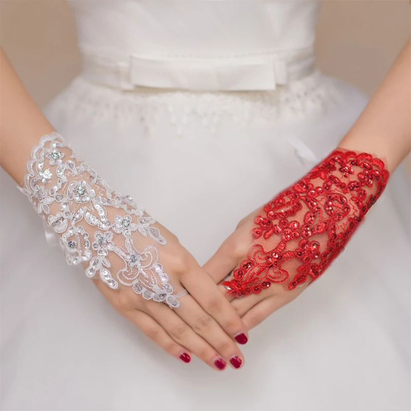 

1 Pair Fashion White Red Bridal Gloves Elegant Short Paragraph Rhinestone White Lace Glove Beautiful Wedding Accessories