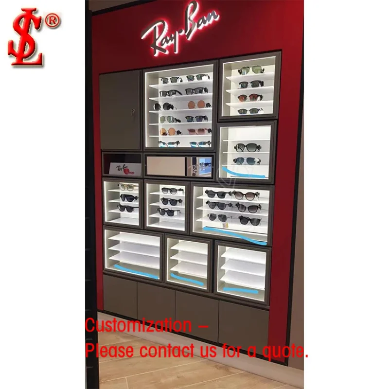 custom.Fashion Retail Sunglasses Wall Display with Storage Base Drawer Eyewear Optical Shop Interior Design