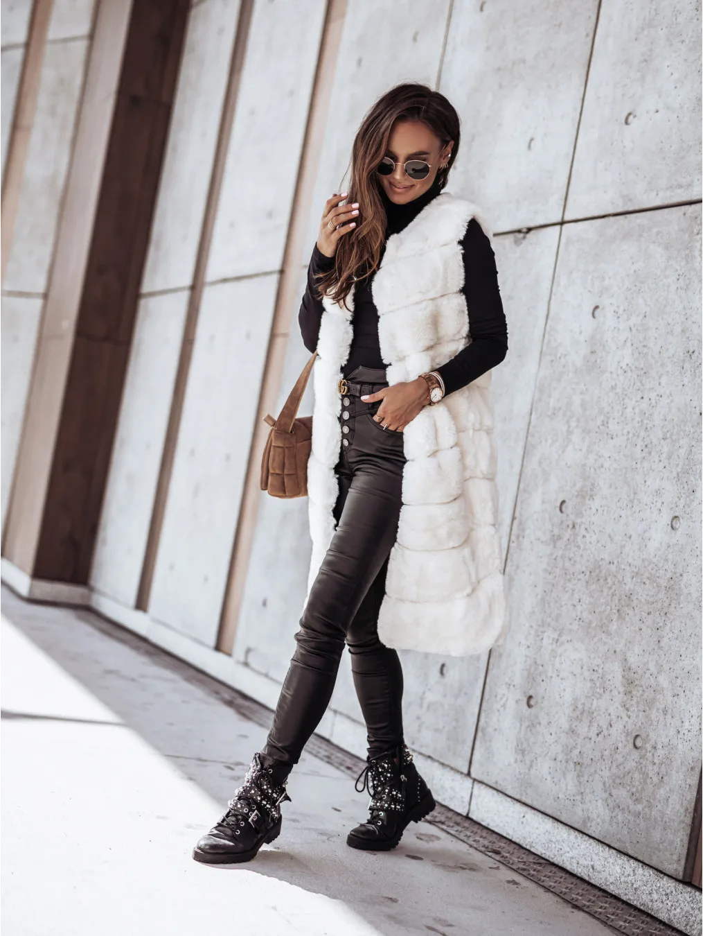 Women Long Faux Fur Fur Vests Coat Overcoat Sleeveless High Waist Autumn Winter Long Round Neck Solid Color