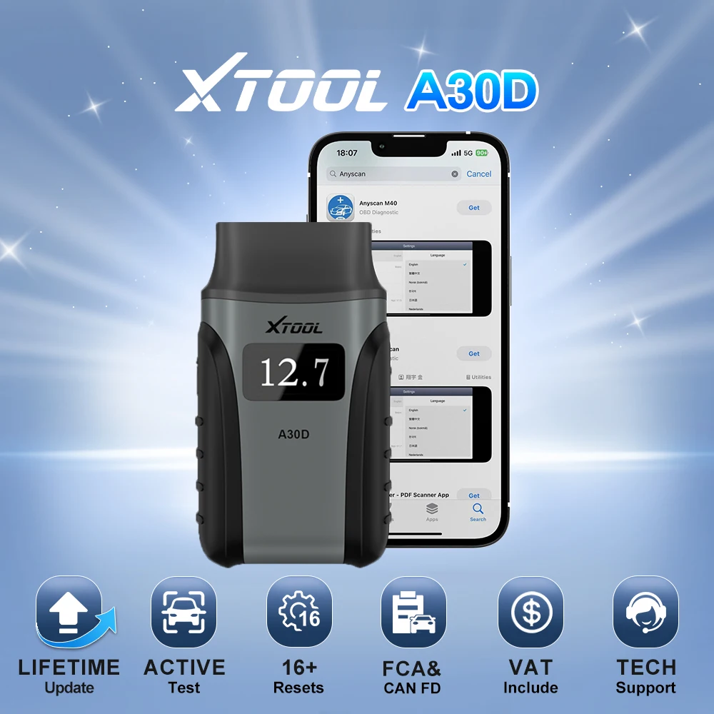 XTOOL Anyscan A30D V2.0 Bluetooth-OBD2-Scanner Kfz-Diagnosetool mit Android iOS CANFD FCA Autoauth 19+ Resets Mini-OBD-bidirektionaler Steuerungsscanner, lebenslanges kostenloses Update