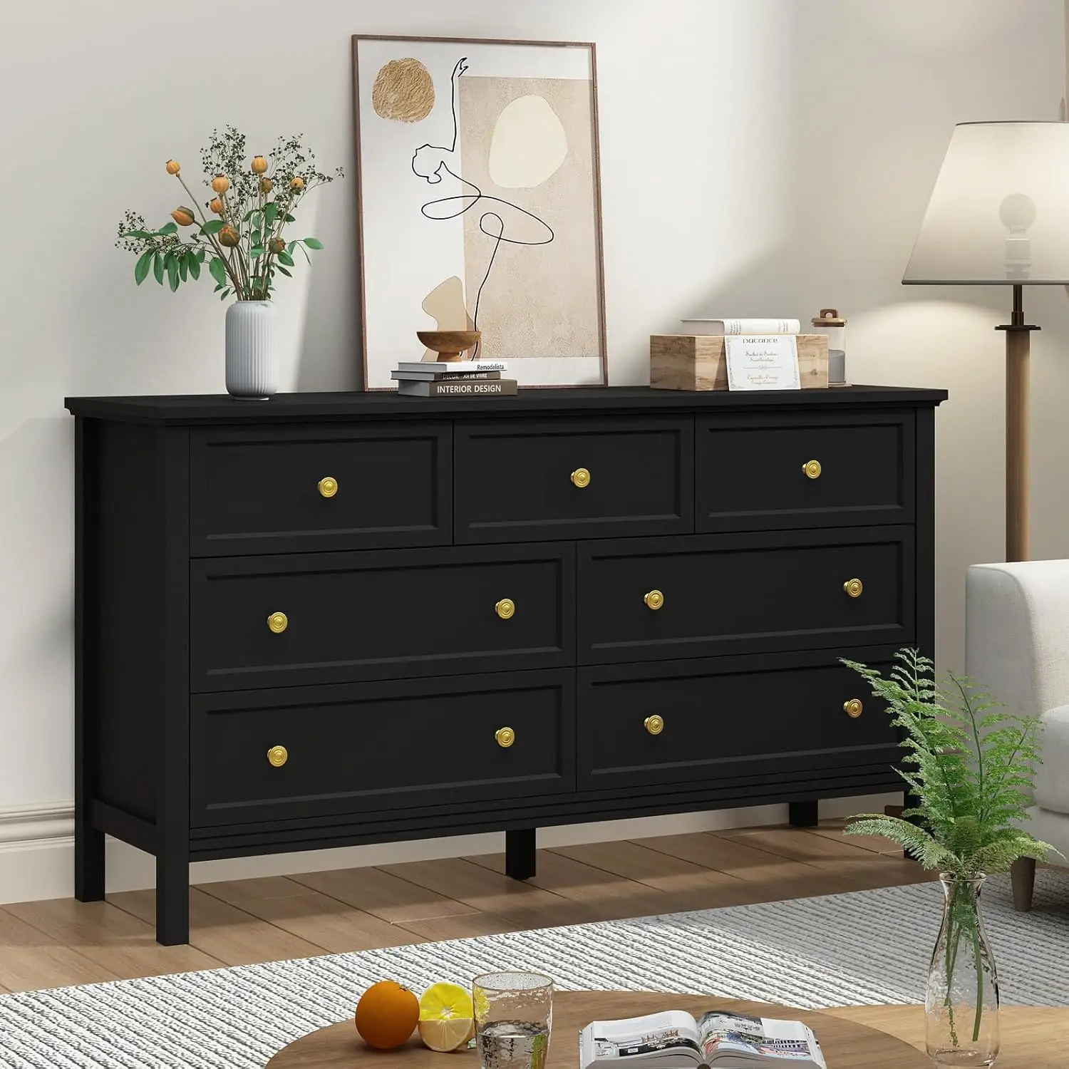 Black Dresser for Bedroom, 7 Drawer Dresser with Wide Drawers and Gold Metal Handles, 55