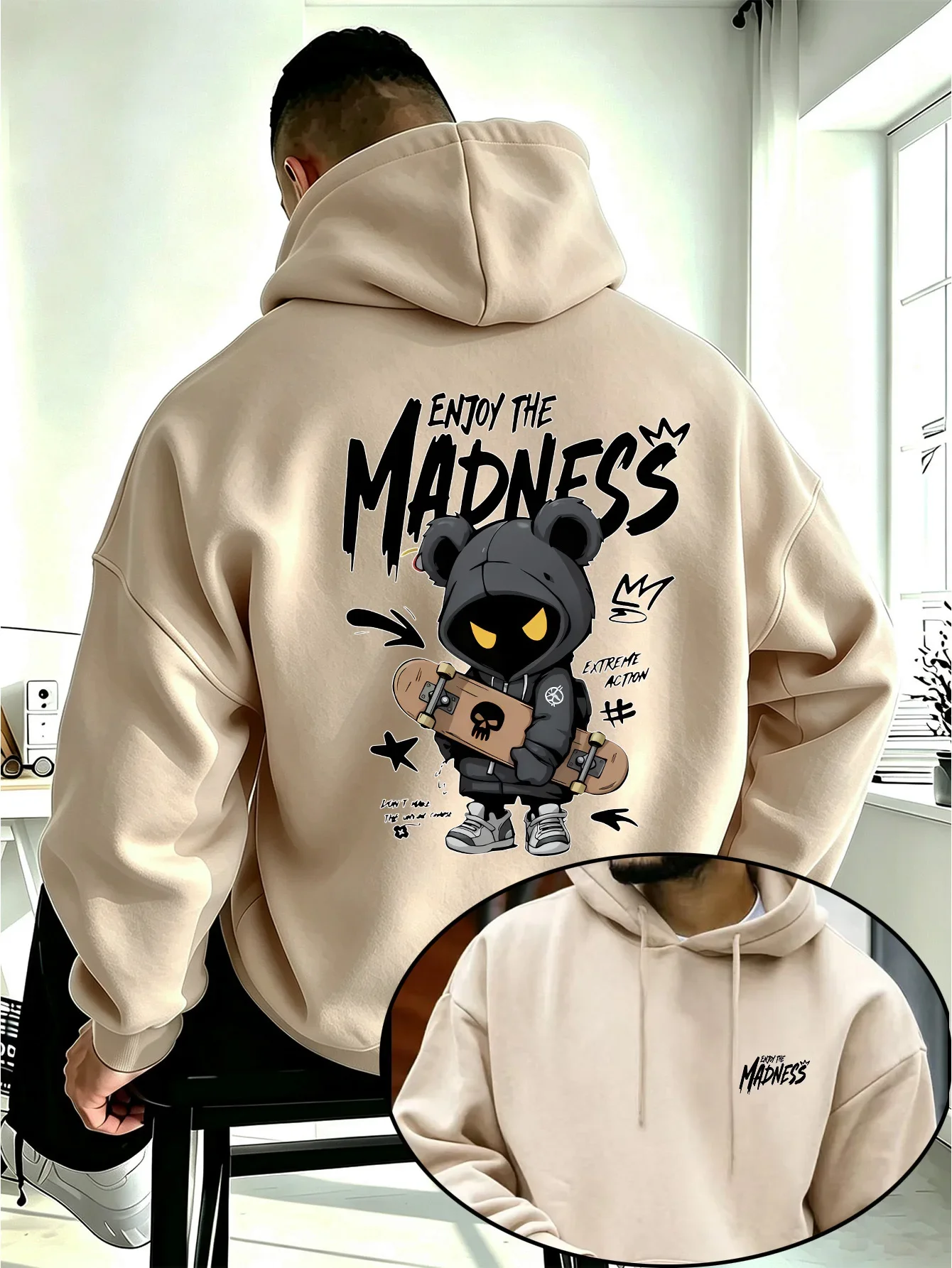 Men's Skateboard Bear Hoodie Enjoy The Madness Graffiti Cartoon Graphic Fleece Sweatshirt Streetwear Autumn Winter