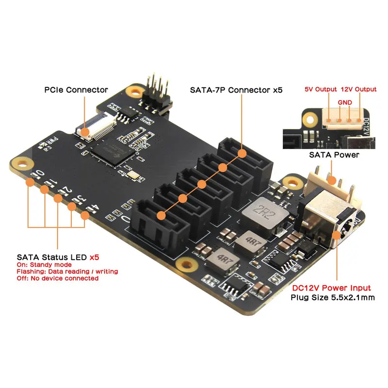 Placa de Expansão NYX1009 para Raspberry Pi 5 PCIe com 5 Portas SATA SATA3.0 HTA+ SATA2.0/1.0 (NÃO INICIA DO SATA) para Raspberry Pi5