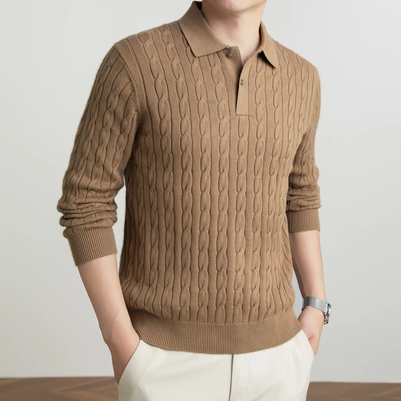 Good 100% Cotton Knit Polo for Men 2026 Autumn Winter Trendy Retro Twisted Sweater Pure Cotton Thick Knitting Clothes Pullovers