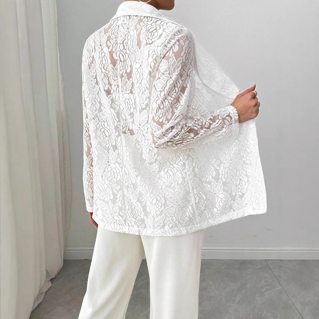 2026 Summer New Arrival Women's Elegant Solid Color Lace Splicing Slimming Blazer Loose Versatile Daily Commute Casual Outerwear