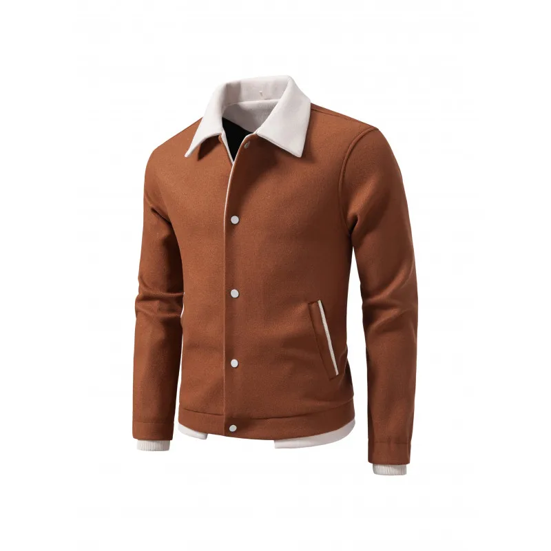 Men Color Block Collar Wool Blend Jacket Snap Button Closure Ribbed Cuffs Contrast Pocket Trim Short Casual Winter Coat For Men