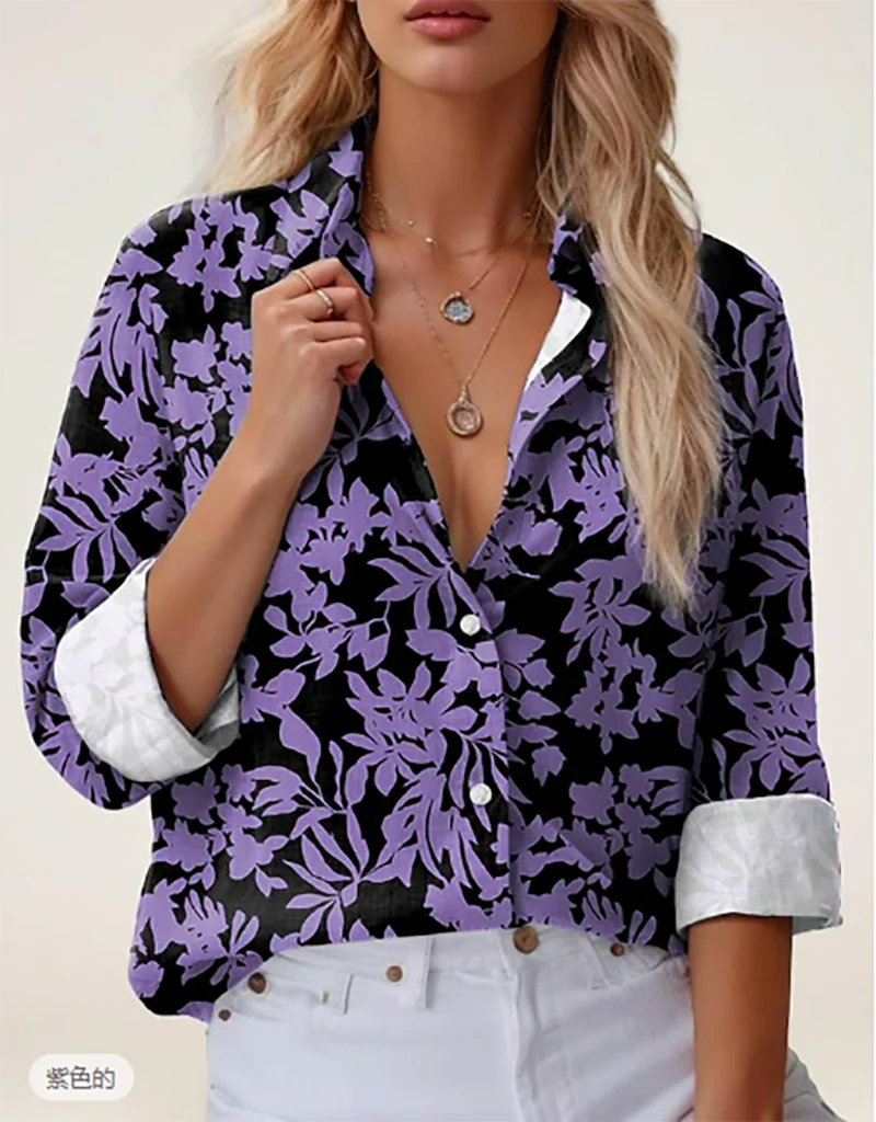 Purple Floral Cardigan Top Casual Fashion Women's Button Shirt Streetwear Floral Print Long Sleeve Loose V Neck