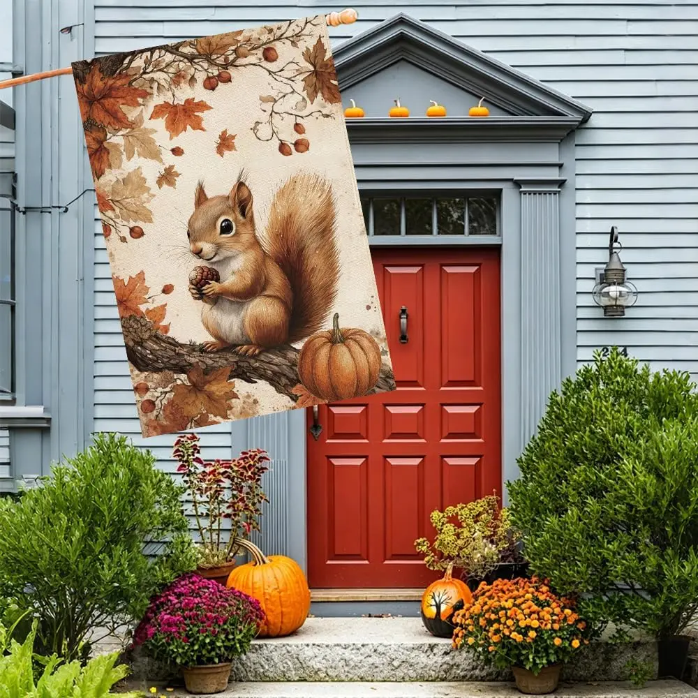 Baccessor Fall Squirrel Welcome House Flag 28x40 Inch Double Sided,Autumn Pumpkin Harvest Outdoor Seasonal Burlap Thanksgivi AAM