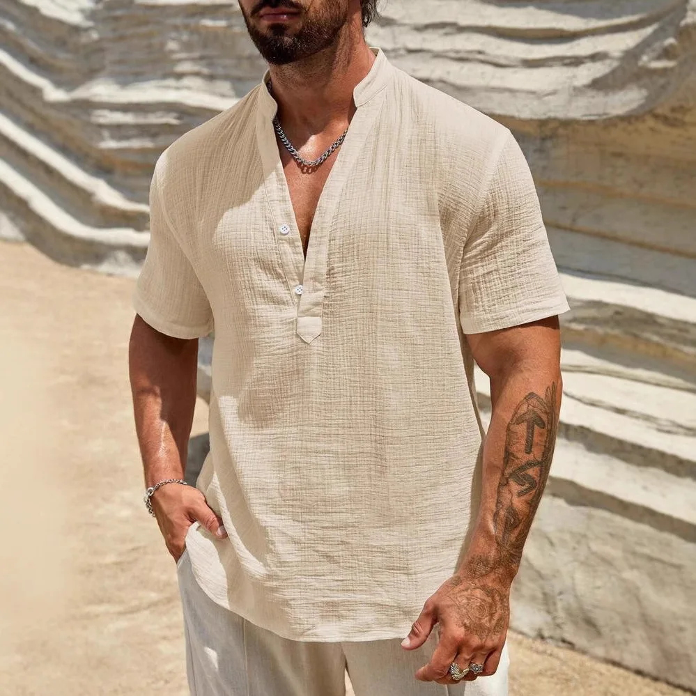 

New Men's Solid Color Stand Up Collar Short Sleeved Shirt Fashionable Breathable Single layer Business Casual Short Sleeved shir
