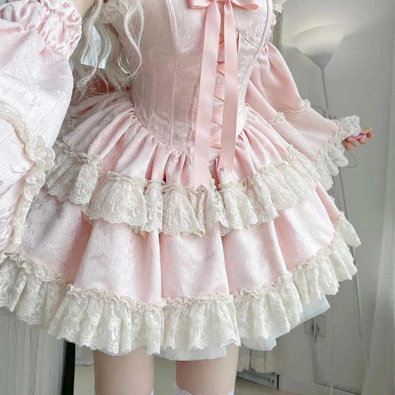 النمط الياباني الحلو لطيف فستان جرلي دعوى النساء Kawaii الخصر الربط الحمالات منتفخ فستان سليم بلا أكمام الوردي قطعتين مجموعة