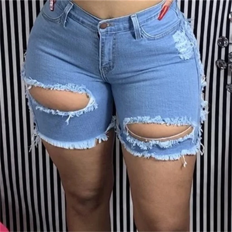 Mode gebrochene Löcher aushöhlen Jeans shorts Frauen neue hohe Taille Stretch Dreiviertel hose weibliche Mini Jeans Trend Streetwear