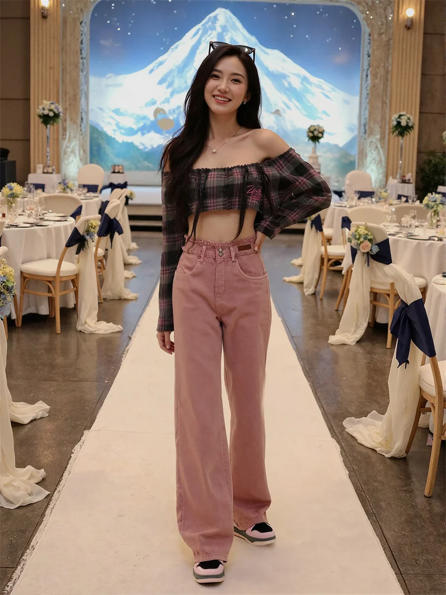 Hoge taille wijde pijpen jeans voor meisjes denim broek dameskleding herfst dubbellaags recht kruis gothic feestkleding avondfeest