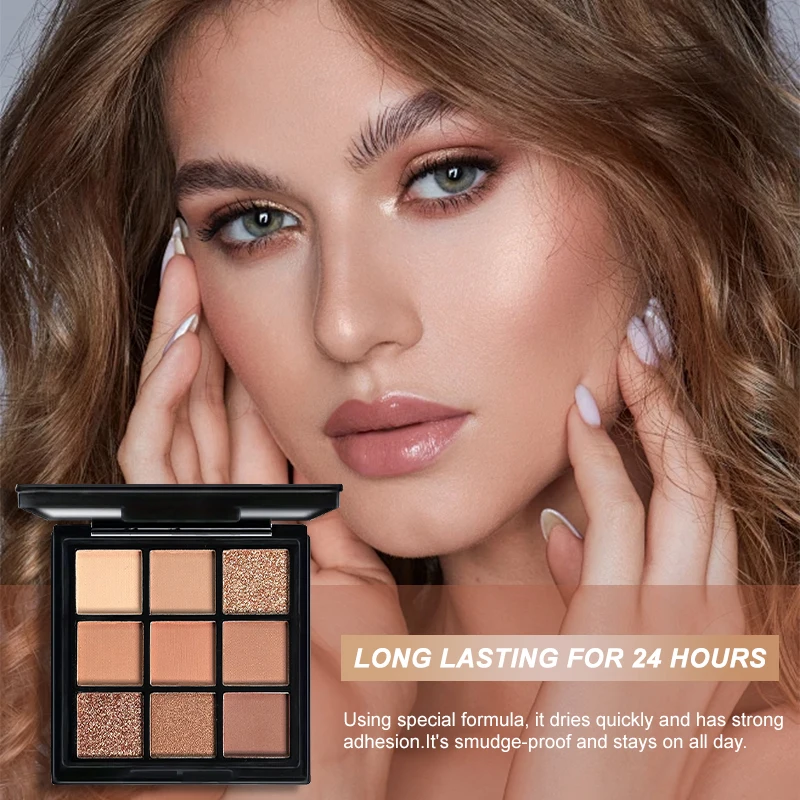 Paleta de sombras marrons 9 cores, fosco, brilhante, neutro, nude, quente, cinza, maquiagem pigmentada, longa duração, todos os dias, 9 cores, cosméticos