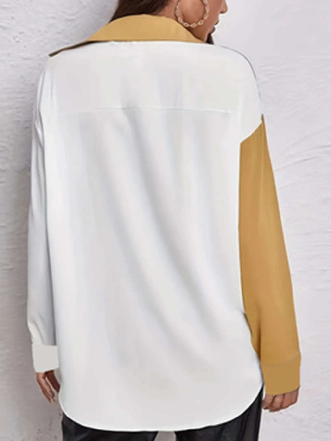 Plus Size Casual Blouse, Women's Plus Colorblock Button Up Long Sleeve Turn Down Collar Blouse