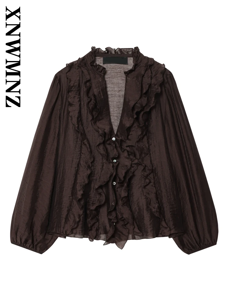 

XNWMNZ 2025 Autumn Women Clothing Fashion Simple V-Collar Tierred Shirt Vintage Chic Winter Woman's BROWN Casual Thin Loose Fit