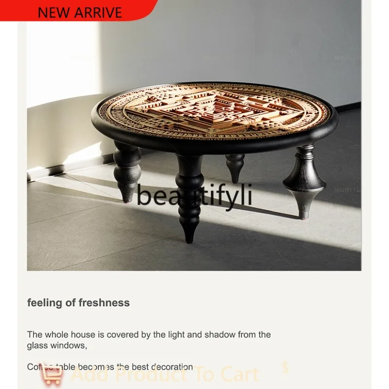 

French medieval solid wood coffee table living room household small apartment round retro glass coffee table G1218