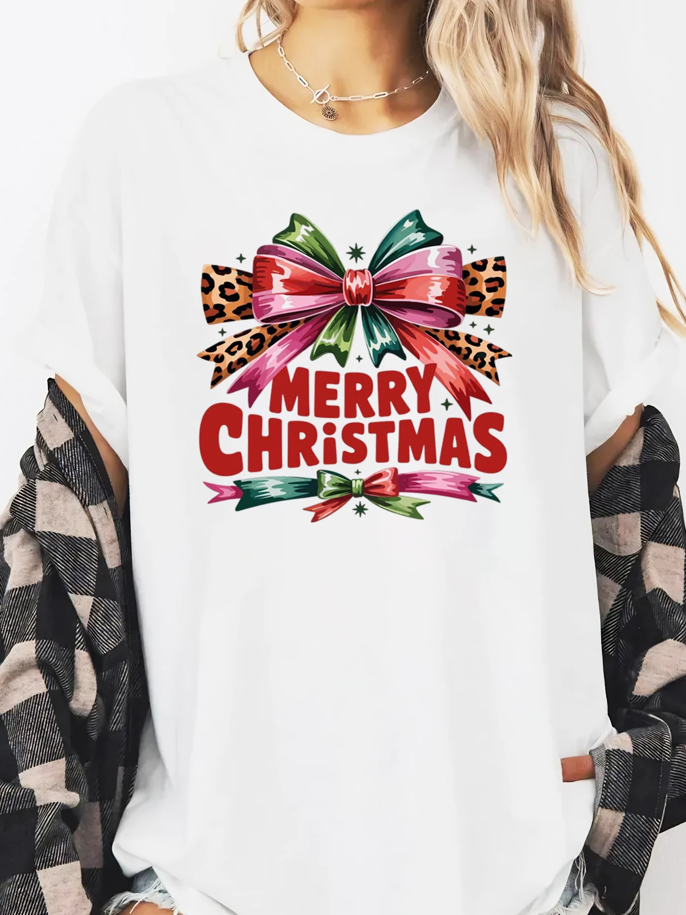 Christmas Bow Merry Christmas Print Long Sleeve T-shirt Women Casual Holiday Wear White Plus-size