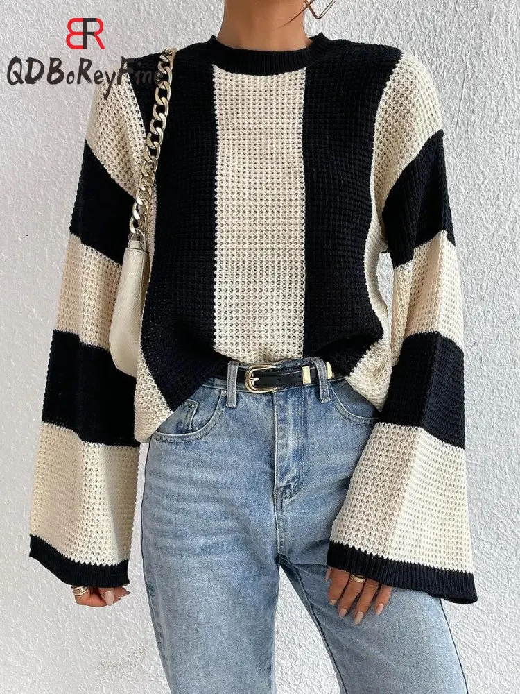 Autumn Winter Women\'s Knitted Pullovers Vintage Loose O-neck Long Sleeve Tops Casual Oversized Striped Sweaters for Women 2024