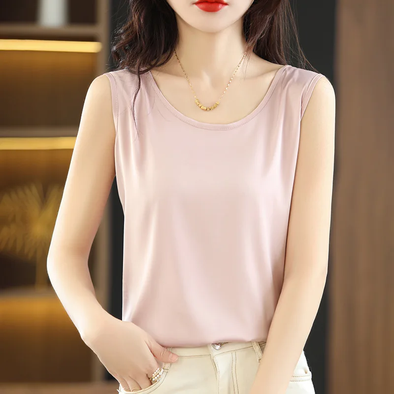 

Summer Satin Mulberry Silk Glossy Wide Shoulder Strap round Neck Sleeveless Vest Female Inner Bottoming Shirt Foreign Trade Batc