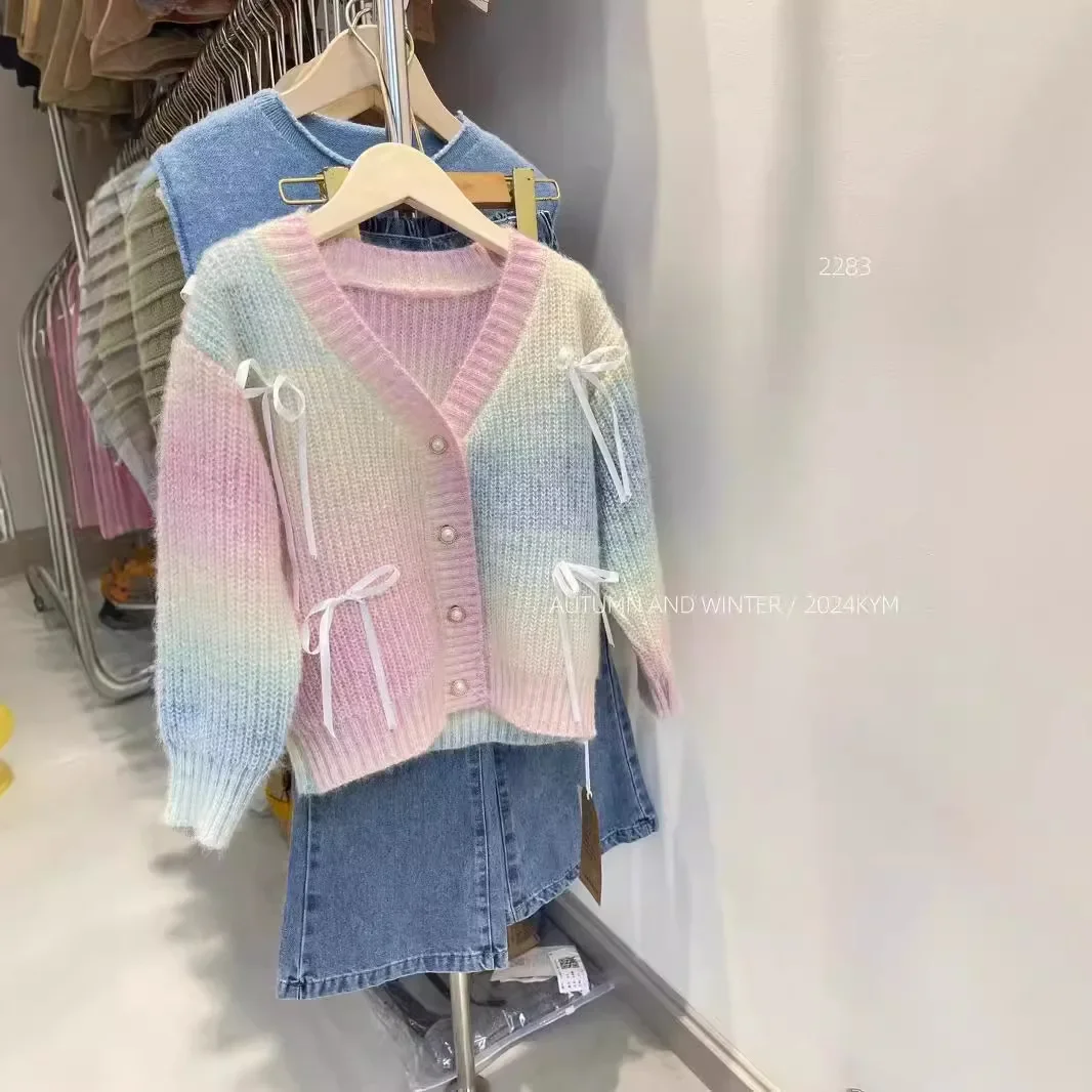 Girls sweater coat baby girl baby rainbow knit cardigan autumn and winter fashion children's fashion autumn top 90-140cm