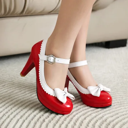 

Big Size 43 High Heel Shoes Round Toe Pumps Womens Platform Pumps with Bow Party Wedding Footwear T Strap Zapatos De Mujer