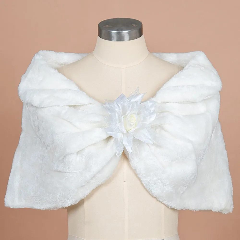 White Ivory Women Bridal Wrap Bolero Faux Fur Lace Crystal Autumn Winter Dress Shawl Jacket Cape Stole Cloak Wedding Accessories image 5