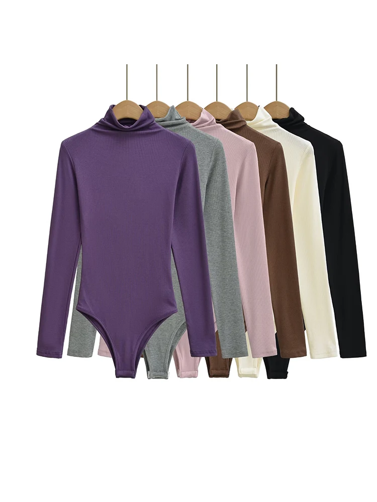 

Women Turtleneck Knitted Stretchy Slim Lyocell Bodysuits 6 Colors Long Sleeve Tops Jumpsuits