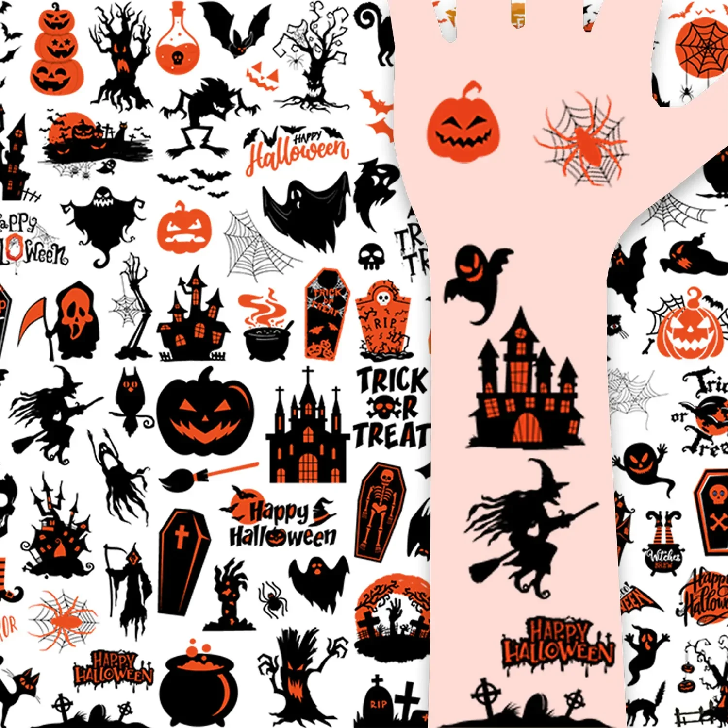 

10 шт., временные татуировки на Хэллоуин, 120 мультфильмов, летучая мышь, паук, кошка, тыква, призрак, зомби, элемент, узор, татуировка на руку