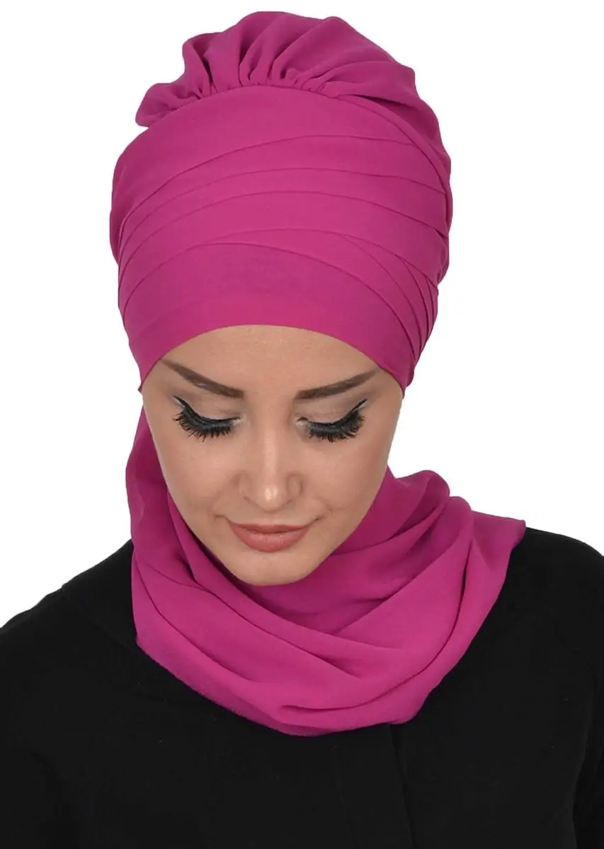 Cross Dikim Fular ออกแบบชีฟองพร้อม Turban Fuchsia