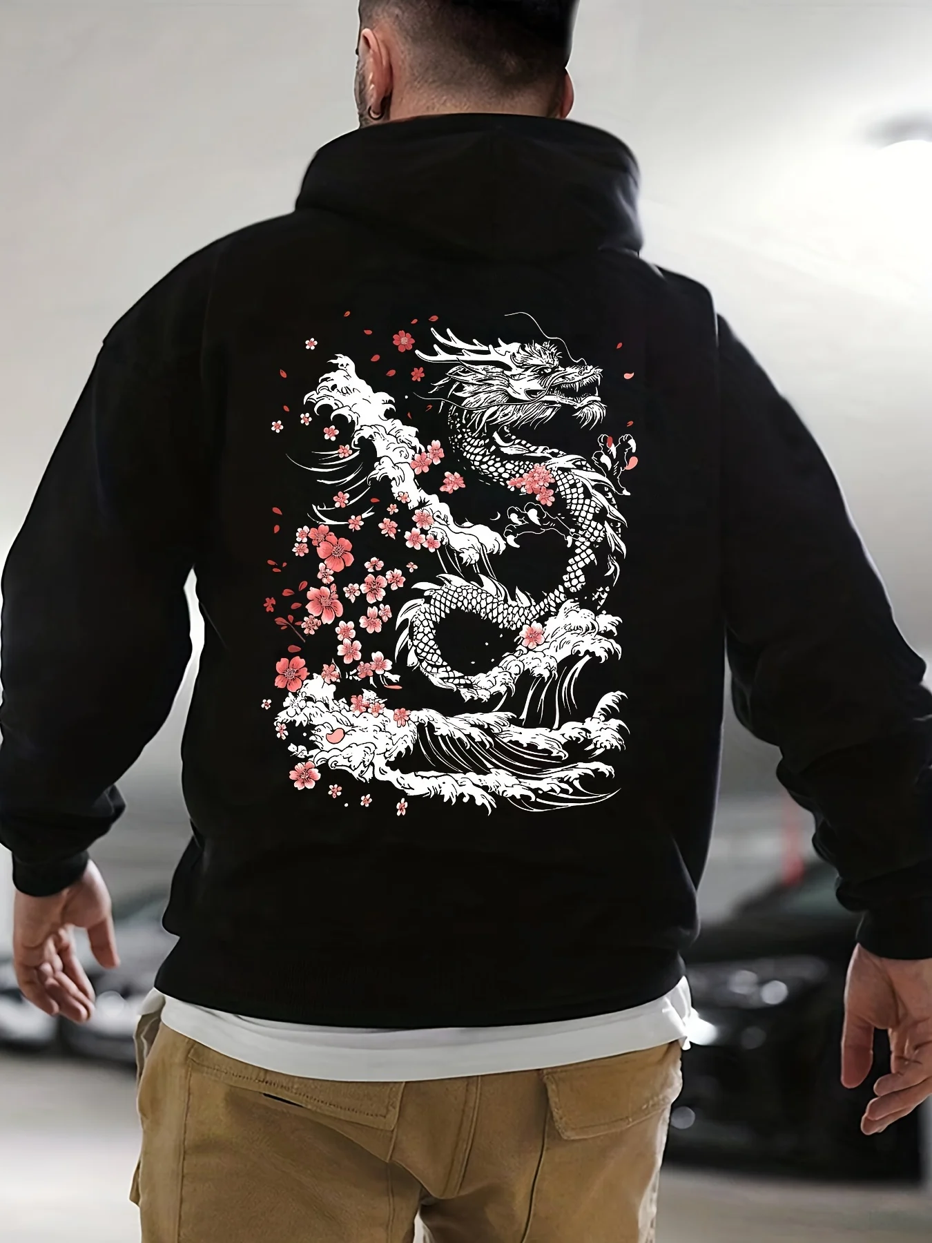 Exquisite Flower Dragon Print Men Hooded Sweatshirt Autumn Winter Daily Outdoor Sports Loose Fitness Leisure Warm Street Style
