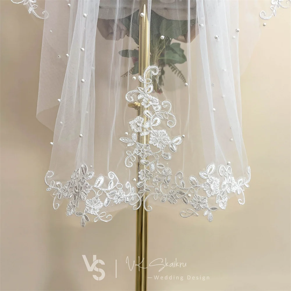 VK SKAIKRU Elfenbein Hochzeit Schleier Mit Kamm Faux Perle Applique Eine Schicht Fingertip Braut Schleier Schnittkante Hochzeit Schleier für bräute