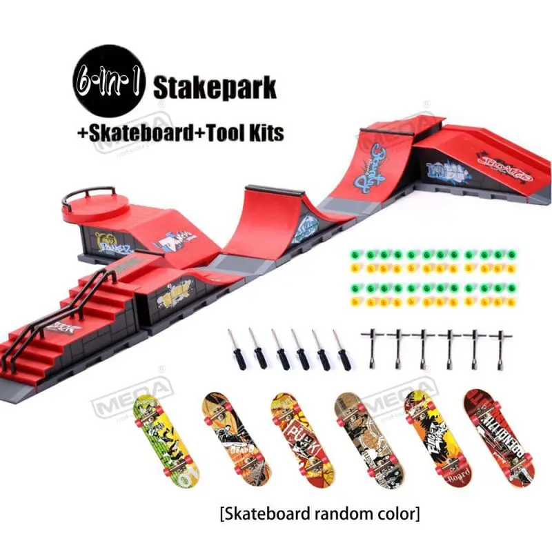 Vinger Skatepark 6-In-1 Set Professionele Tech Praktijk Dek Platform Stunt Diy Finger Skateboard Assembleren Ramp Park Kits Speelgoed